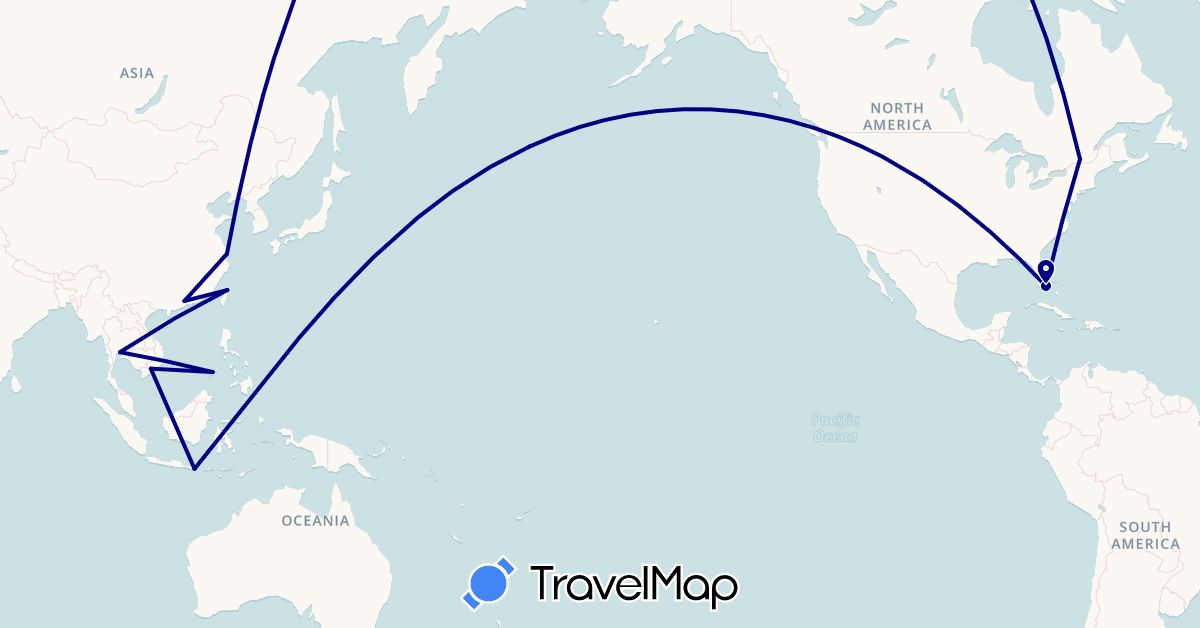 TravelMap itinerary: driving in Canada, China, Indonesia, Philippines, Thailand, Taiwan, United States, Vietnam (Asia, North America)