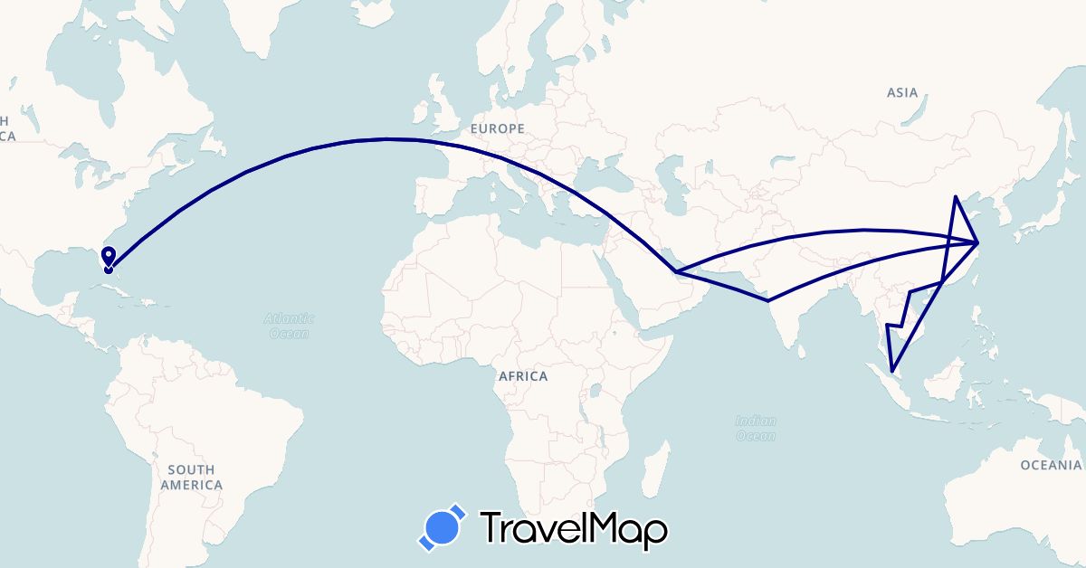 TravelMap itinerary: driving in China, India, Cambodia, Malaysia, Oman, Qatar, Thailand, United States, Vietnam (Asia, North America)