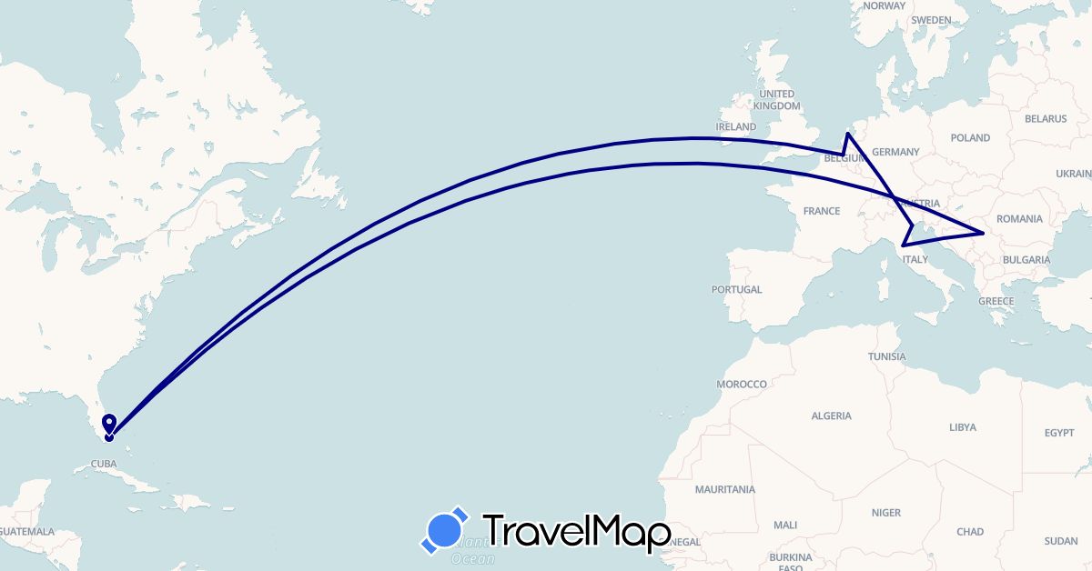 TravelMap itinerary: driving in Belgium, Italy, Netherlands, Serbia, United States (Europe, North America)