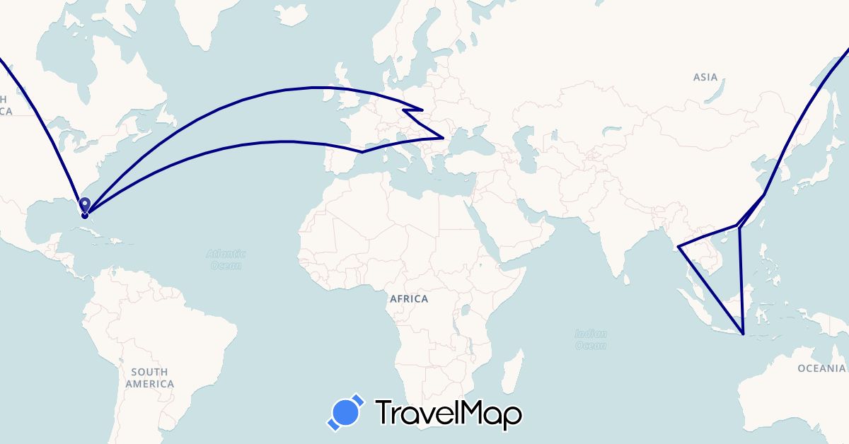 TravelMap itinerary: driving in China, Czech Republic, Spain, Hungary, Indonesia, Laos, Myanmar (Burma), Poland, Romania, United States (Asia, Europe, North America)