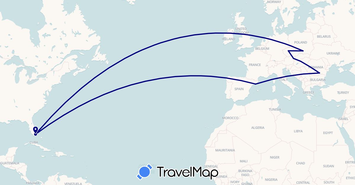 TravelMap itinerary: driving in Austria, Czech Republic, Spain, Hungary, Poland, Romania, United States (Europe, North America)